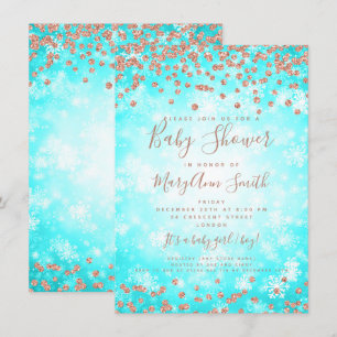 Baby Shower Teal Rose Gold Glitter Winter Wonder Invitation