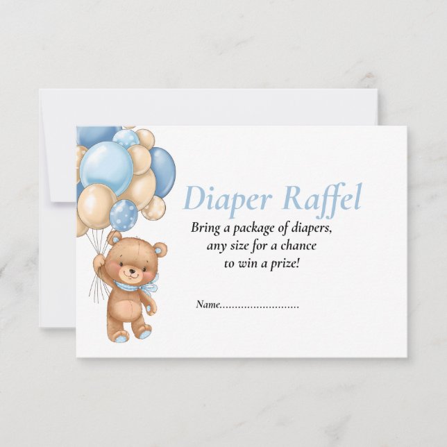 Baby Shower Teddy Balloons Blue  Diaper Raffel Inv Invitation (Front)