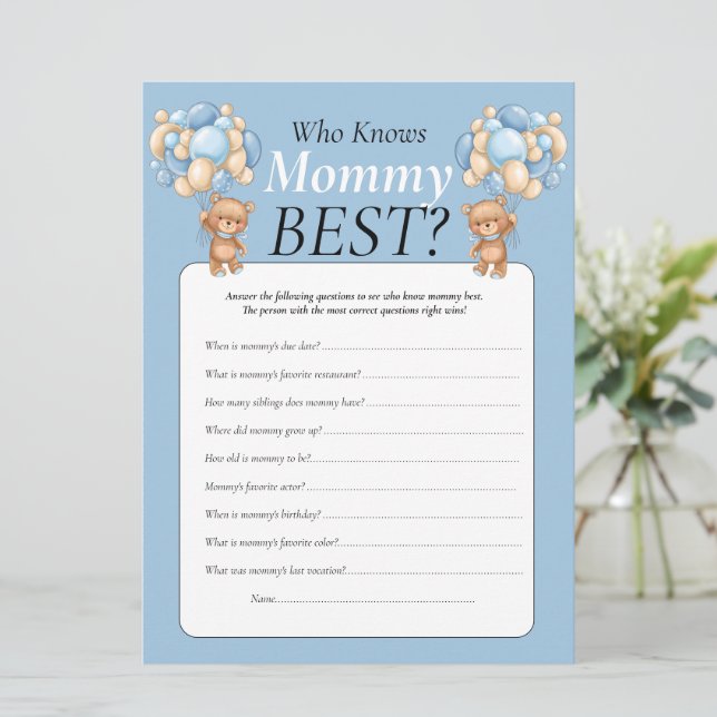 Baby Shower. teddy balloons Boy  Who Knows Mommy   Invitation (Standing Front)