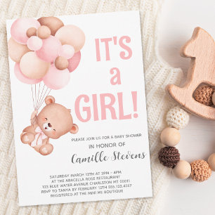 Baby Shower Teddy Bear Balloon Girl Invitation