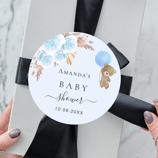 Baby Shower teddy bear blue boy pampas grass Classic Round Sticker (Creator Uploaded)