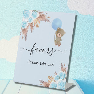 Baby shower teddy bear blue pampas grass favours pedestal sign