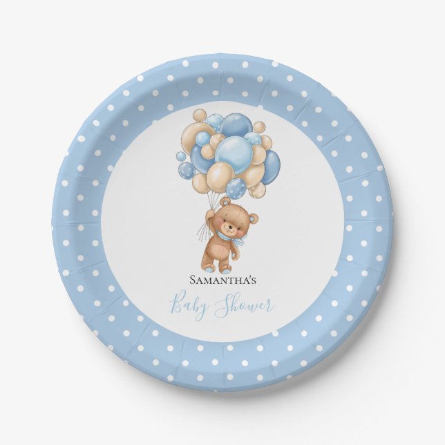 Baby Shower Teddy Bear Boy Blue Balloons   Paper Plate (Front)