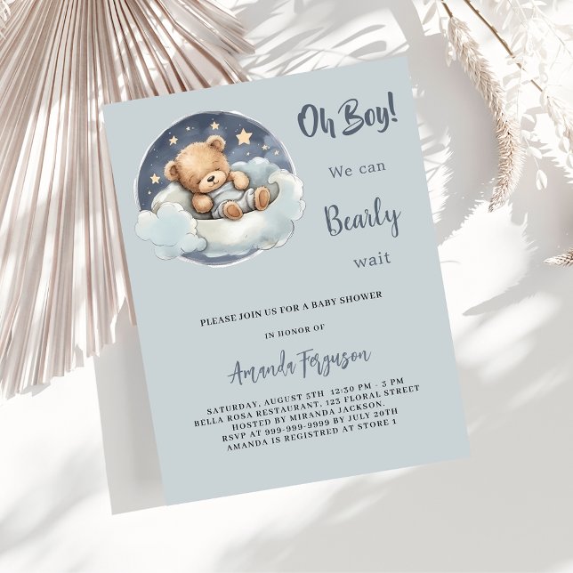 Baby shower teddy bear boy blue cloud cute invitation postcard (Creator Uploaded)