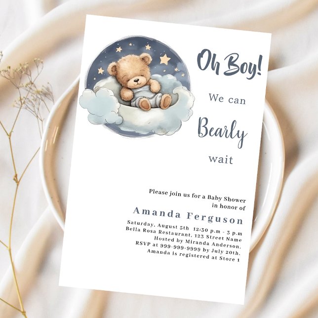 Baby shower teddy bear boy blue moon sky invitation (Creator Uploaded)