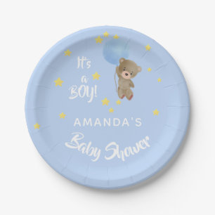 Baby shower teddy bear boy blue name paper plate