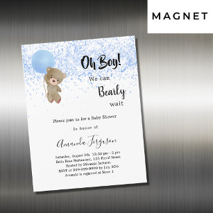Baby shower teddy bear boy blue white luxury magnetic invitation
