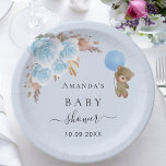 Baby Shower teddy bear boy pampas grass blue  Paper Plate<br><div class="desc">For an elegant and modern baby shower,  celebrating a baby boy. A light blue background. Decorated with light blue florals,  pampas grass and a teddy bear holding a balloon.
Personalize and add a name and date.</div>