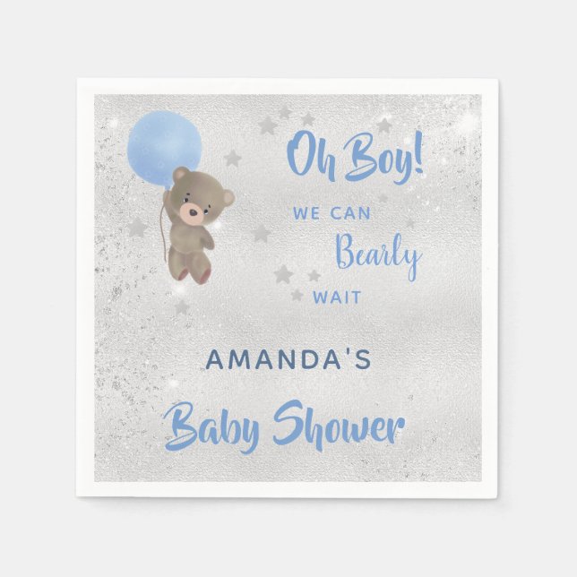 Baby shower teddy bear boy silver blue name napkin (Front)
