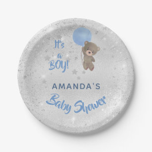 Baby shower teddy bear boy silver blue name paper plate