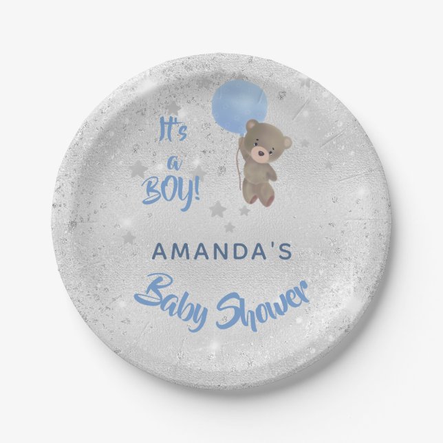 Baby shower teddy bear boy silver blue name paper plate (Front)