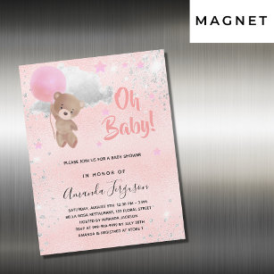 Baby shower teddy bear girl pink silver luxury magnetic invitation