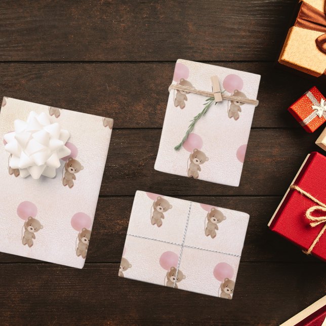 Baby shower teddy bear girl rose gold pink wrapping paper sheet (Creator Uploaded)