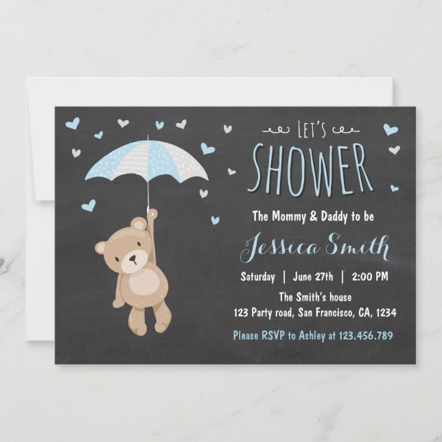Baby shower Teddy Bear Invitation Baby Boy Blue (Devant)