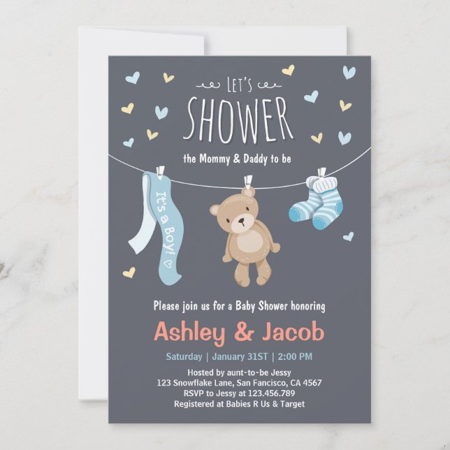 Baby shower Teddy Bear Invitation Blue Boy douche (Devant)