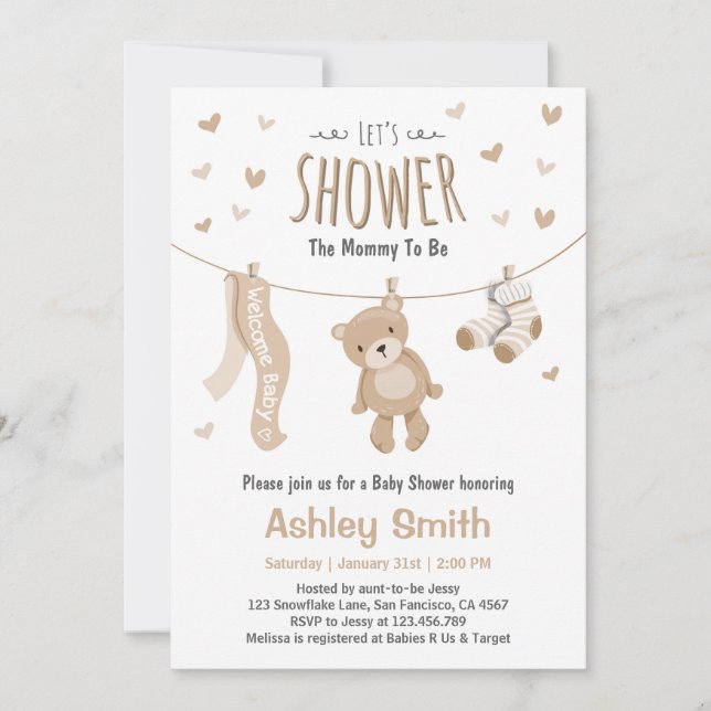 Baby Shower Teddy Bear Invitation Brown White (Front)