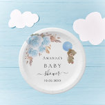 Baby Shower teddy bear pampas grass blue boy  Paper Plate<br><div class="desc">For an elegant and modern baby shower,  celebrating a baby boy. A white background. Decorated with light blue florals,  pampas grass and a teddy bear holding a balloon.
Personalize and add a name and date.</div>