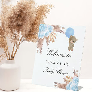 Baby shower teddy bear pampas grass blue boy pedestal sign