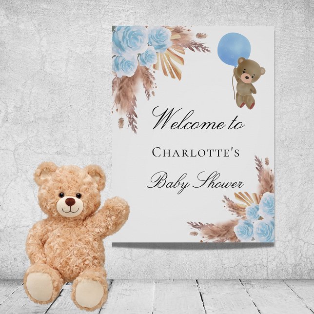 Baby shower teddy bear pampas grass blue boy poster (Creator Uploaded)