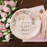 Baby Shower teddy bear pampas grass blush rose Paper Plate<br><div class="desc">For an elegant and modern baby shower. A rustic blush pink,  rose gold gradient background. Decorated with rose gold,  pink florals,  pampas grass and a teddy bear holding a balloon. Personalize and add a name and date.</div>