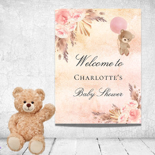 Baby shower teddy bear pampas grass rose blush poster