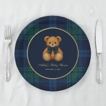 Baby Shower Teddy Bear Preppy Boy Blue Green Plaid