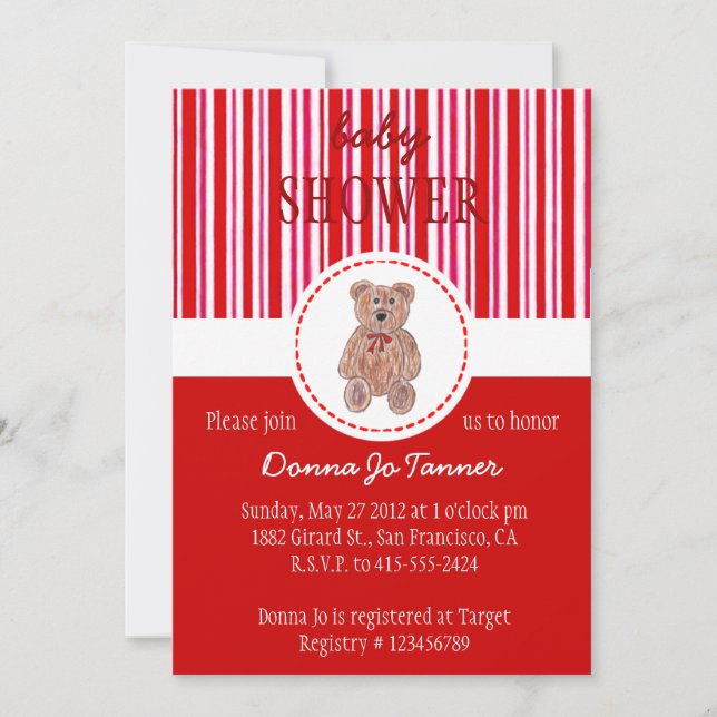 Baby shower Teddy Bear Sketch Invitation - Rouge (Devant)