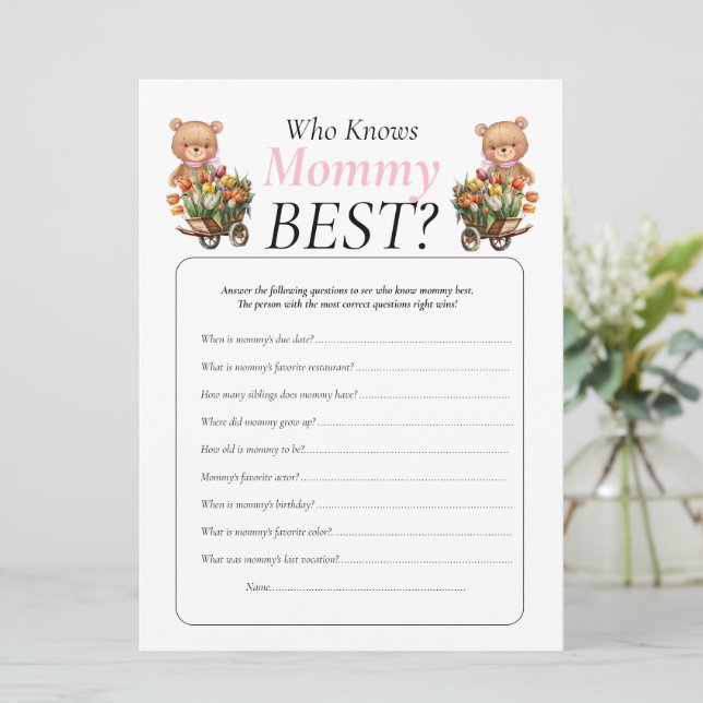 Baby Shower teddy Floral  Girl Who Knows Mommy  Invitation (Standing Front)