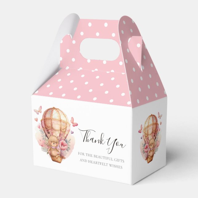 Baby Shower Teddy Hot Air Balloon Soft Pink Favour Favor Box (Front Side)