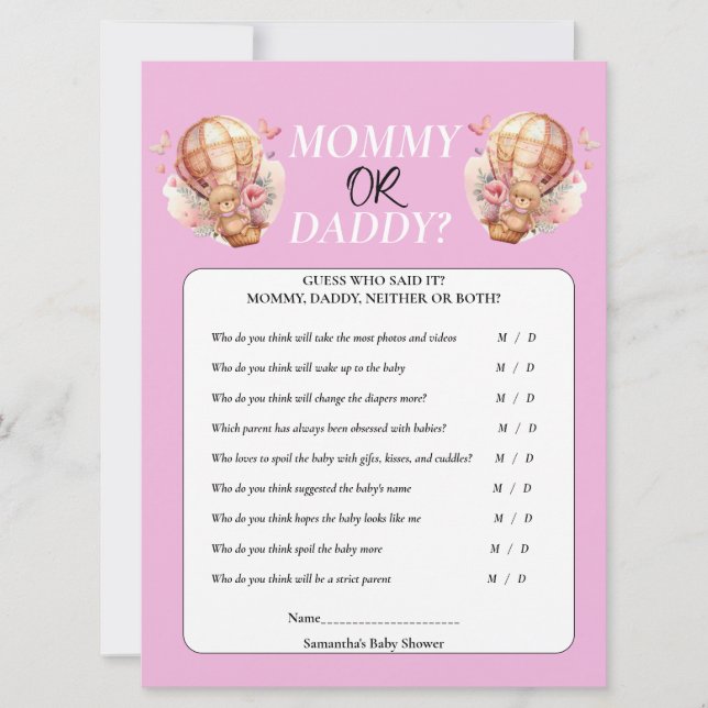 Baby Shower Teddy Mommy or Daddy Hot Air Balloon   Invitation (Front)