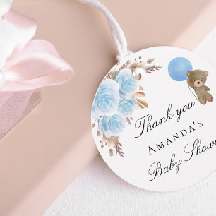 Baby Shower teddy pampas grass blue thank you Favour Tags