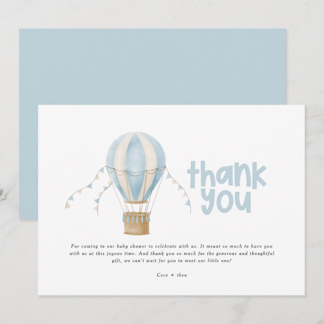 Baby shower thank you blue hot air balloon invitation (Front/Back)