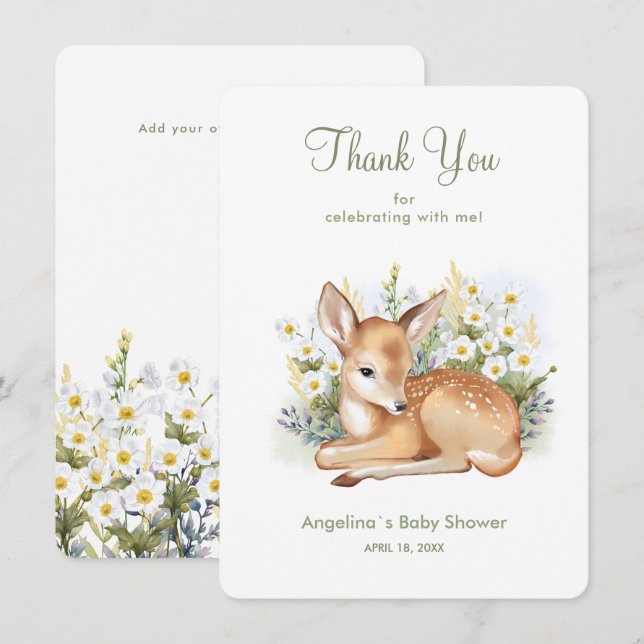 Baby shower Thank You Card with an adorable  fawn. (Front/Back)