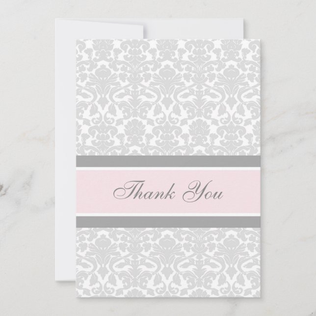 Baby Shower Thank You Cards Pink Grey Damask (Front)