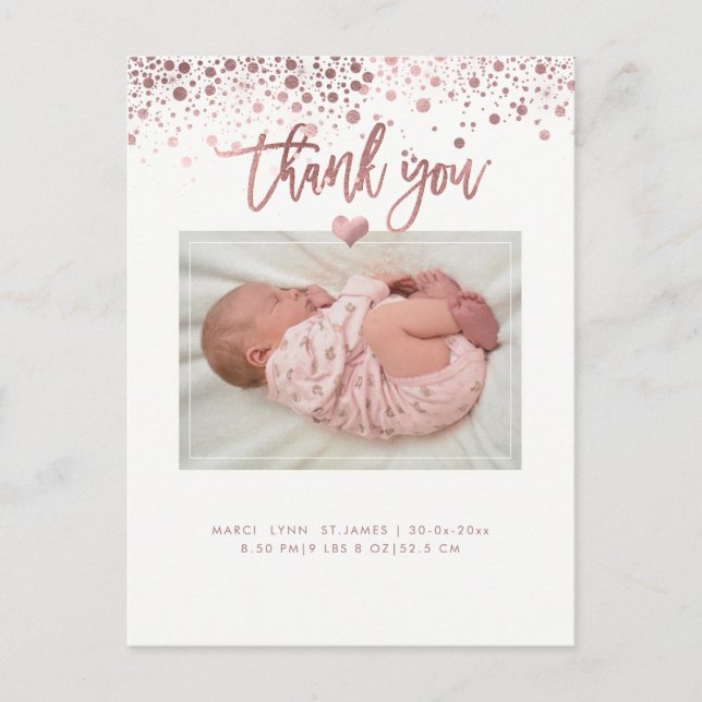 Baby Shower Thank You/Dazzled Faux Rose Gold Postcard (Front)