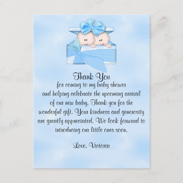Baby Shower Thank You It's Twins Boy Postcard (Front)