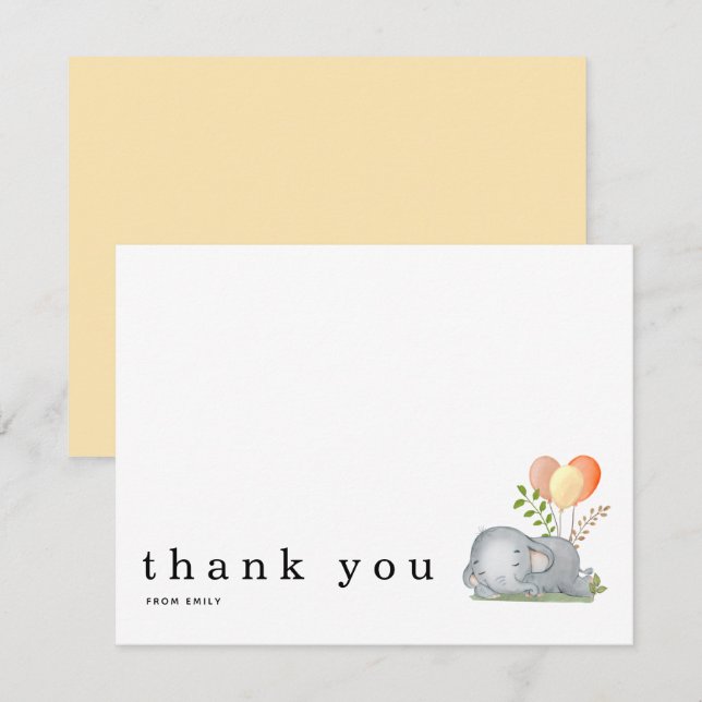 Baby Shower Thank You Name Elephant Asleep Yellow Card (Front/Back)