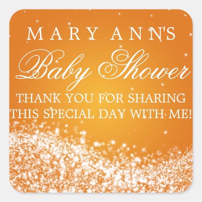 Baby Shower Thank you Sparkling Wave Orange Square Sticker (Front)