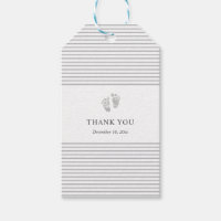 Baby Shower Thank You Tag | Footprint Grey Stripe