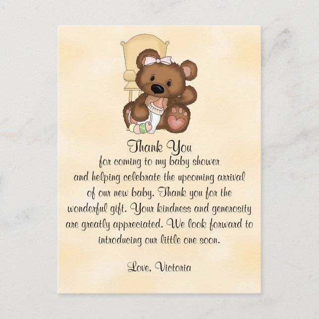 Baby Shower Thank You Teddy Bear Postcard (Front)