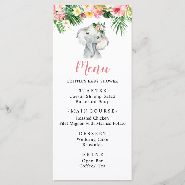 Baby shower Tropical Elephant Girl Menu Sign (Devant)