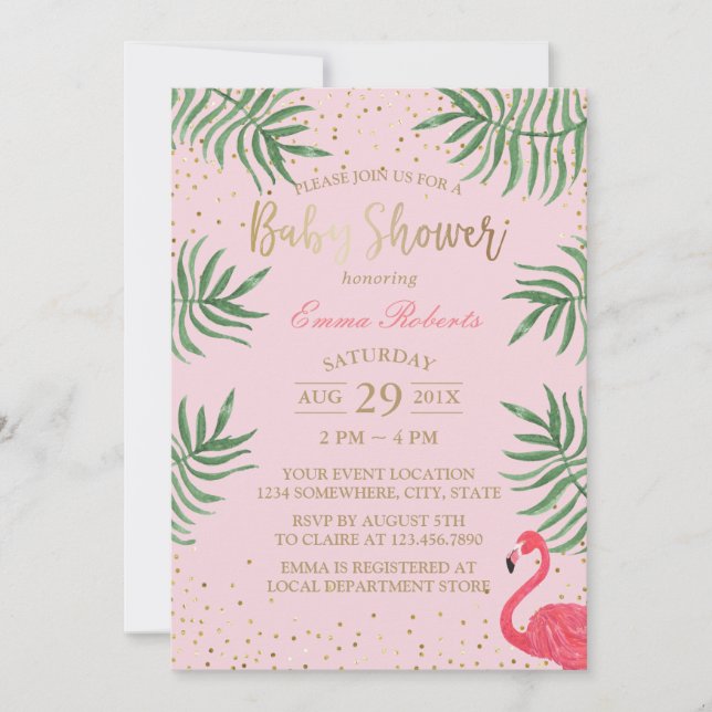 Baby Shower Tropical Flamingo Gold Confetti Invitation (Front)