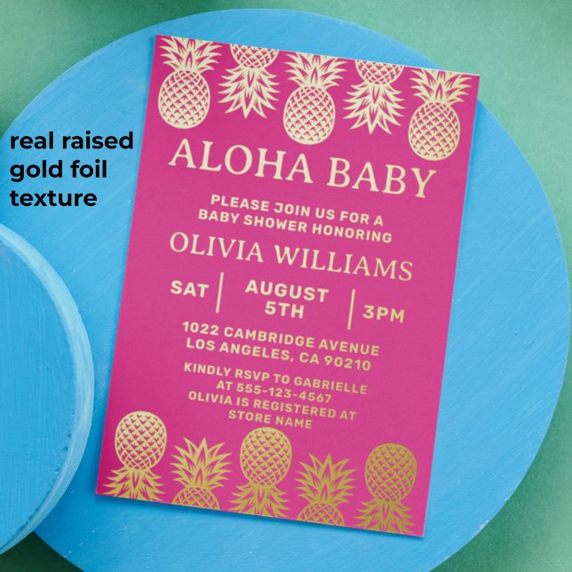 Baby Shower Tropical Pineapple Luau Pink (Tropical pineapple baby shower invitation with gold foil raised texture)