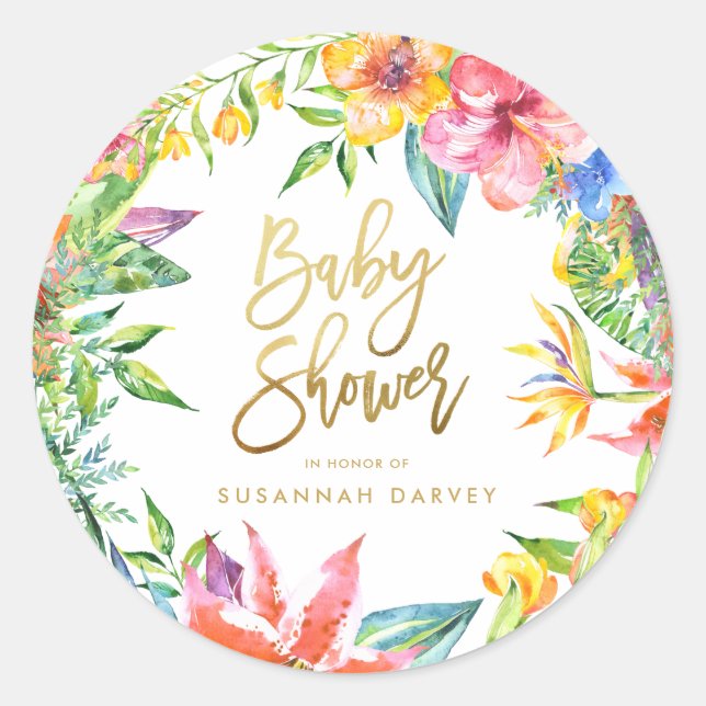 Baby Shower | Tropical Watercolor Calligraphy Gold Classic Round Sticker (Front)