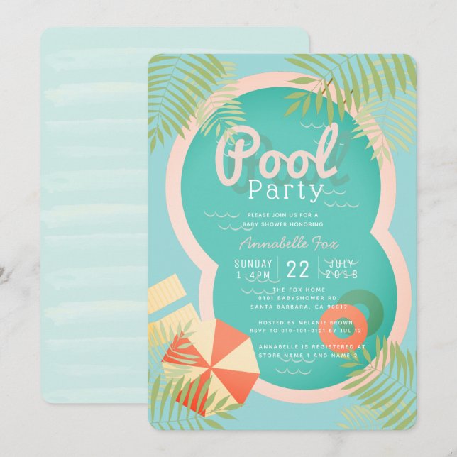 Baby shower Turquoise Blue Pool Party Invitation (Devant / Derrière)