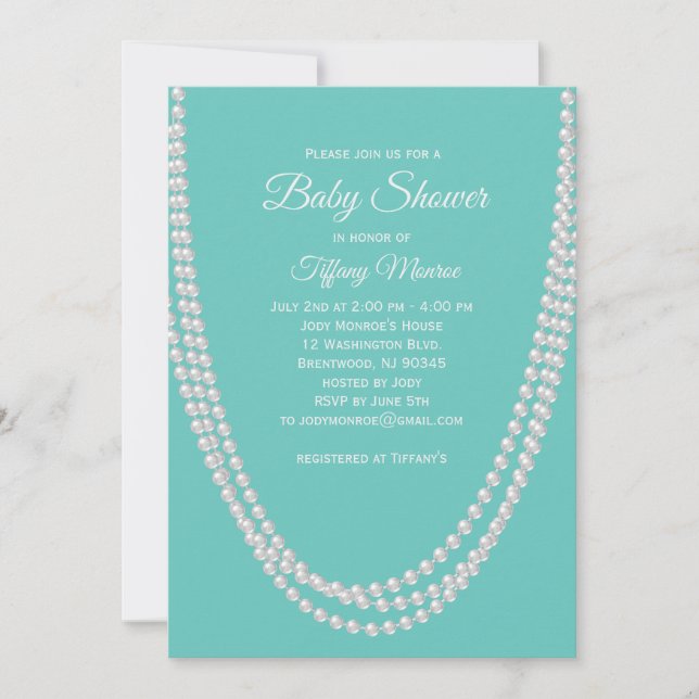 Baby shower Turquoise et perles Invitation blanc (Devant)