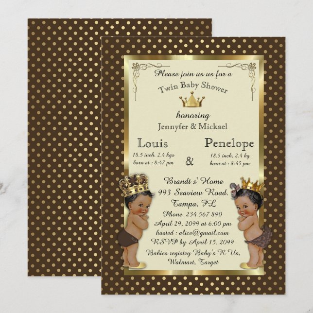 Baby shower twin babies, marron, very trendy invitation (Front/Back)