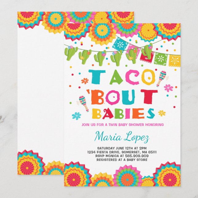 Baby shower Twin Fiesta Invitation Taco Bout Baby (Devant / Derrière)