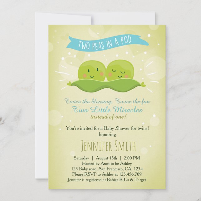 Baby shower Twin Invitation Deux Pois Dans Un Bleu (Devant)