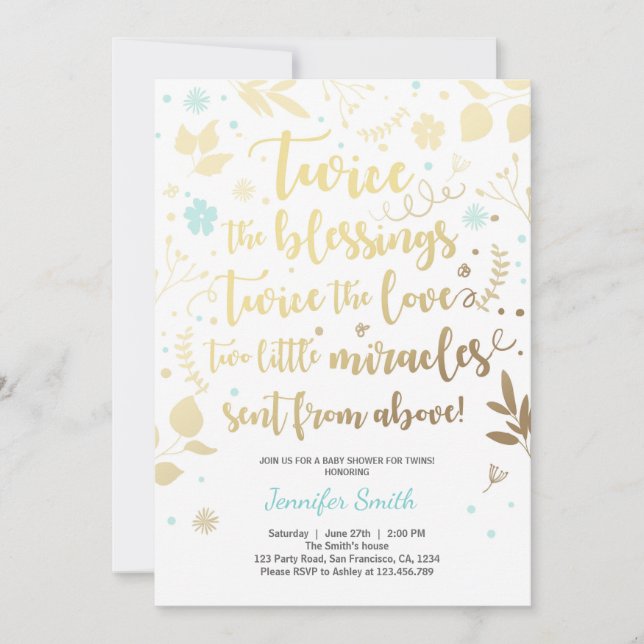 Baby shower Twin Invitation Gold Blue garçon douch (Devant)